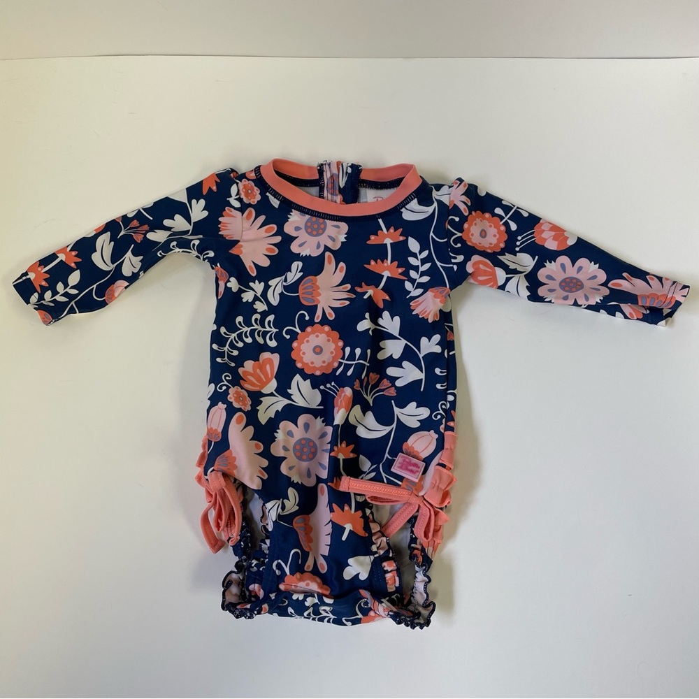 Ruffle Butts Swimsuit 3-6mo. Baby Blue Pink Floral Long Sleeve
